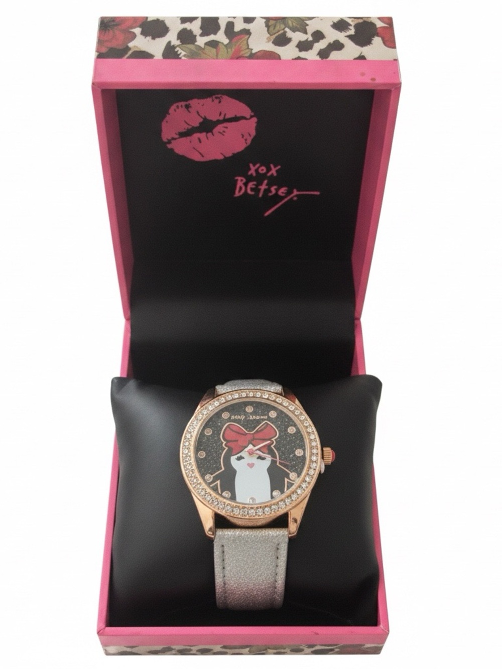 Betsey Johnson Black  Dial Penguin Watch with Pink Bow and Crystal  Bezel NIB